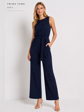 Trina Turk Navy Wide Leg Belted Jumpsuit Size 4 Sleeveless Elegant Chic